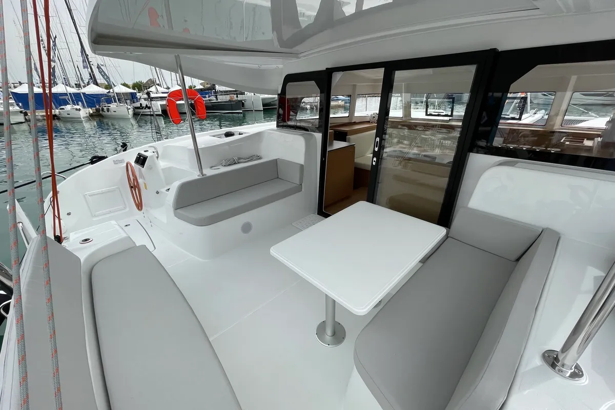 Deck of Siesta, a Excess 11 catamaran at Ibiza, Spain