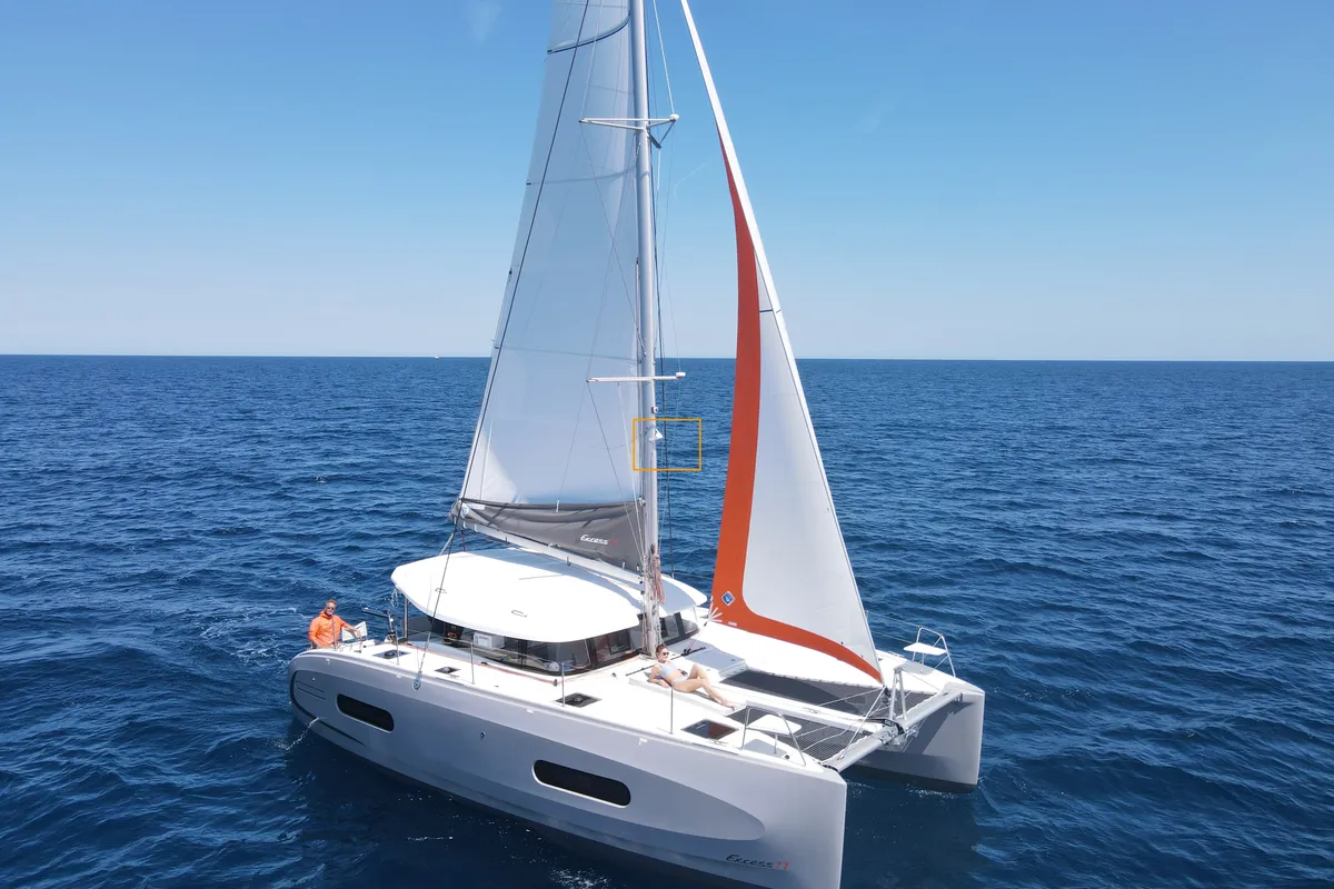 Exterior view of Siesta, a Excess 11 catamaran at Ibiza, Spain