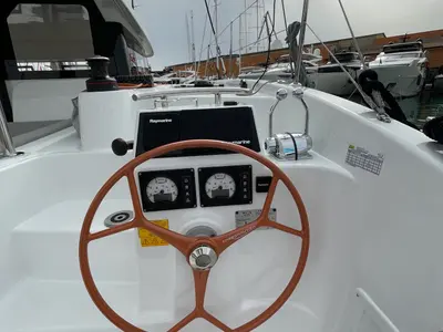 Cockpit of Siesta, a Excess 11 catamaran at Ibiza, Spain