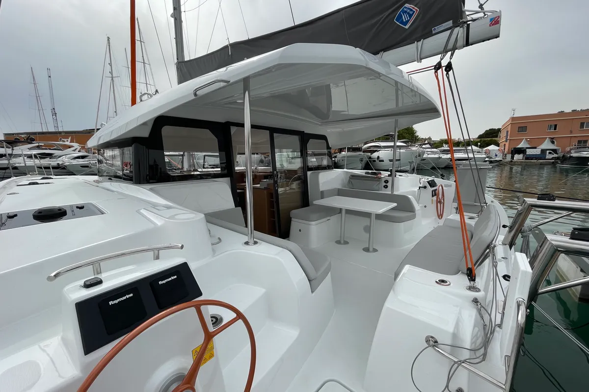 Deck of Siesta, a Excess 11 catamaran at Ibiza, Spain