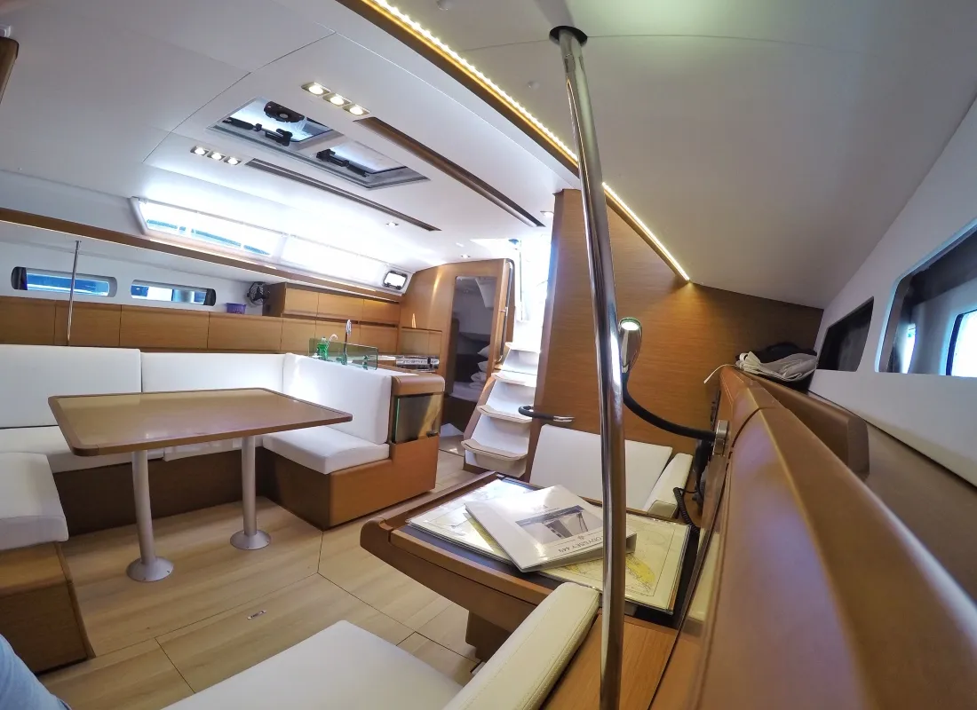 Salon of Tardis, a Jeanneau Sun Odyssey 449 sailboat at Biograd na Moru, Croatia