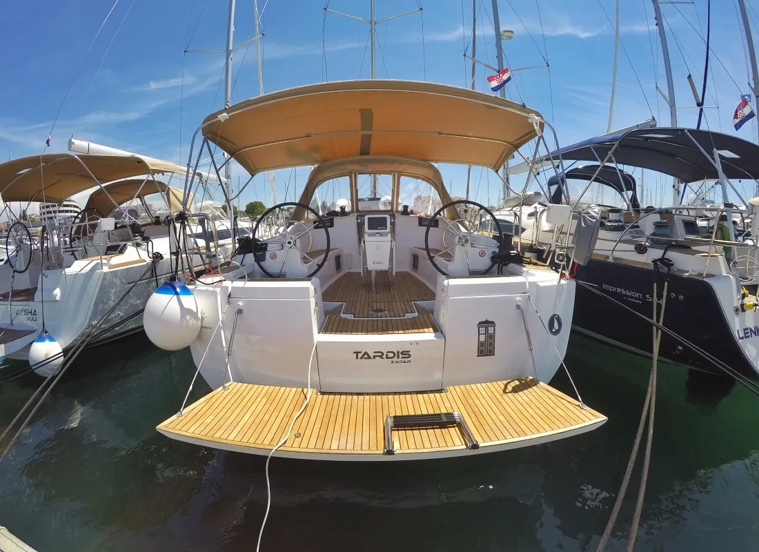Exterior view of Tardis, a Jeanneau Sun Odyssey 449 sailboat at Biograd na Moru, Croatia