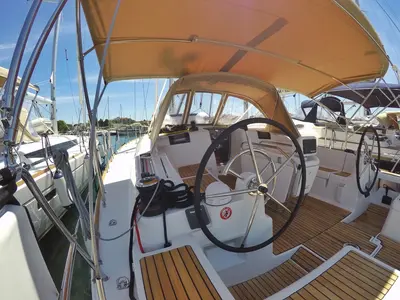 Cockpit of Tardis, a Jeanneau Sun Odyssey 449 sailboat at Biograd na Moru, Croatia