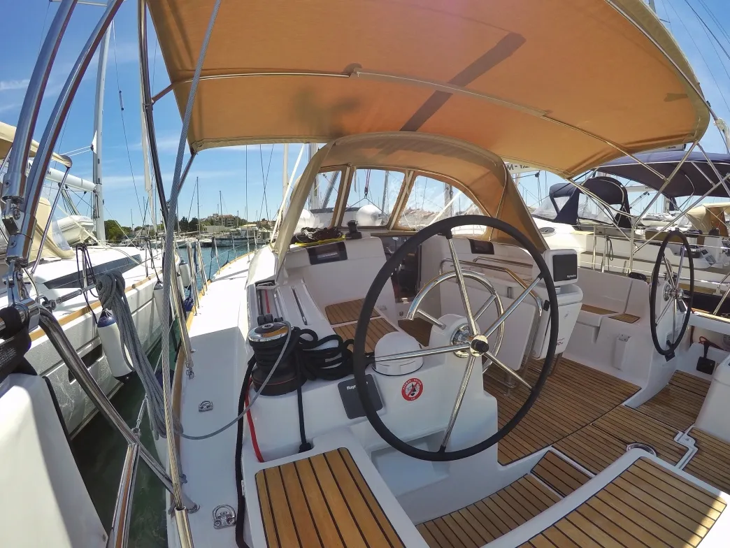 Cockpit of Tardis, a Jeanneau Sun Odyssey 449 sailboat at Biograd na Moru, Croatia