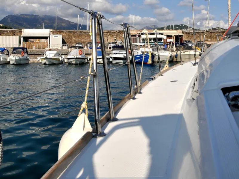 Deck of Roberta, a Jeanneau Sun Odyssey 439 sailboat at Salerno, Italy