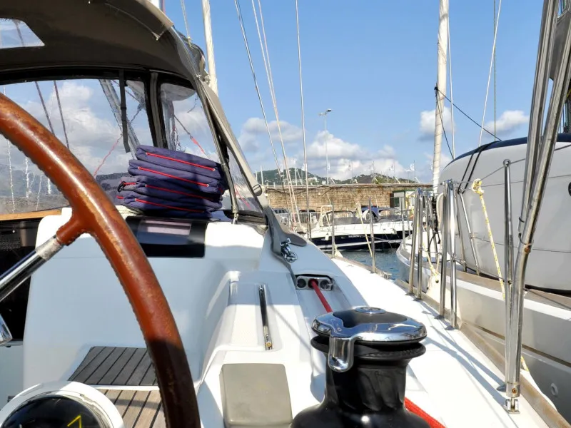 Cockpit of Roberta, a Jeanneau Sun Odyssey 439 sailboat at Salerno, Italy