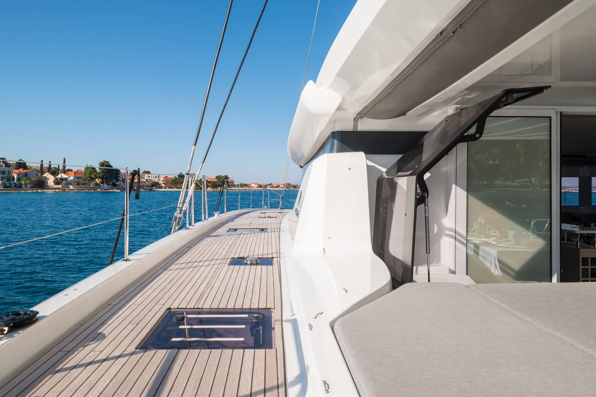 Deck of DIAMOND DIVA, a Lagoon 60 catamaran at Split, Croatia