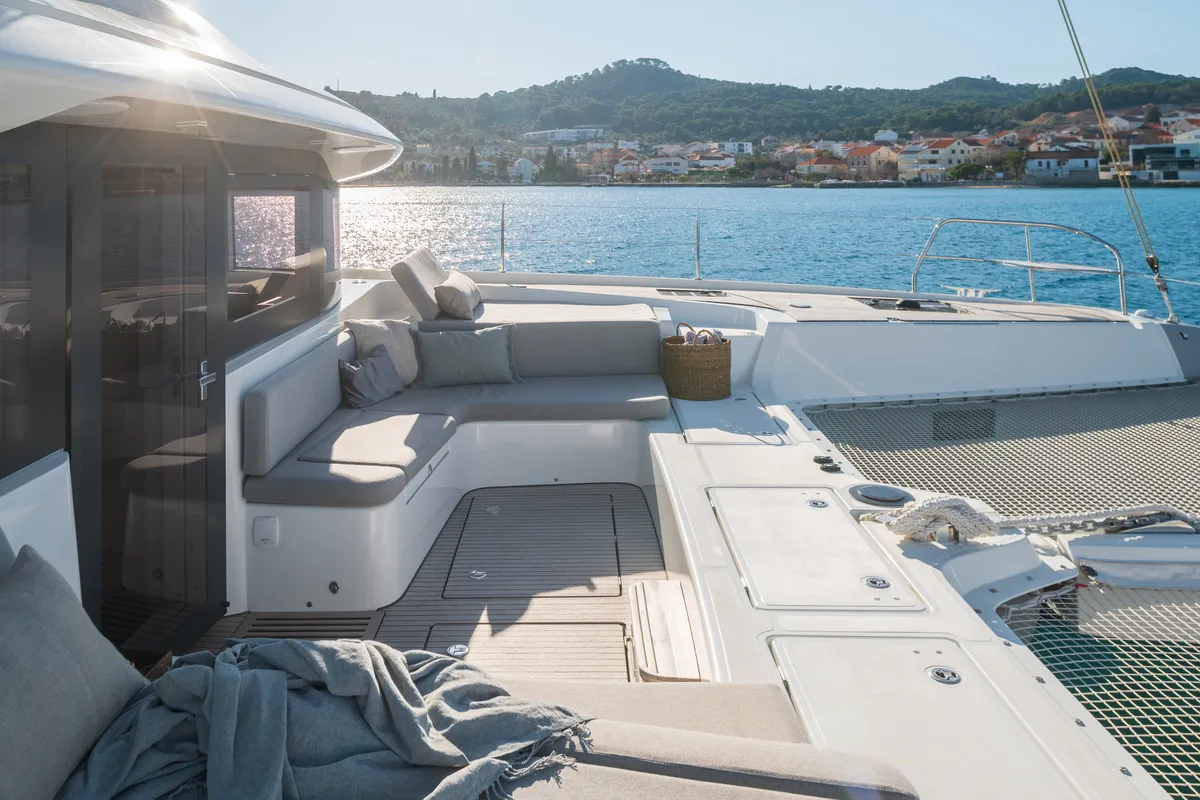 Deck of DIAMOND DIVA, a Lagoon 60 catamaran at Split, Croatia