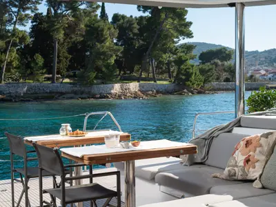 Deck of DIAMOND DIVA, a Lagoon 60 catamaran at Split, Croatia