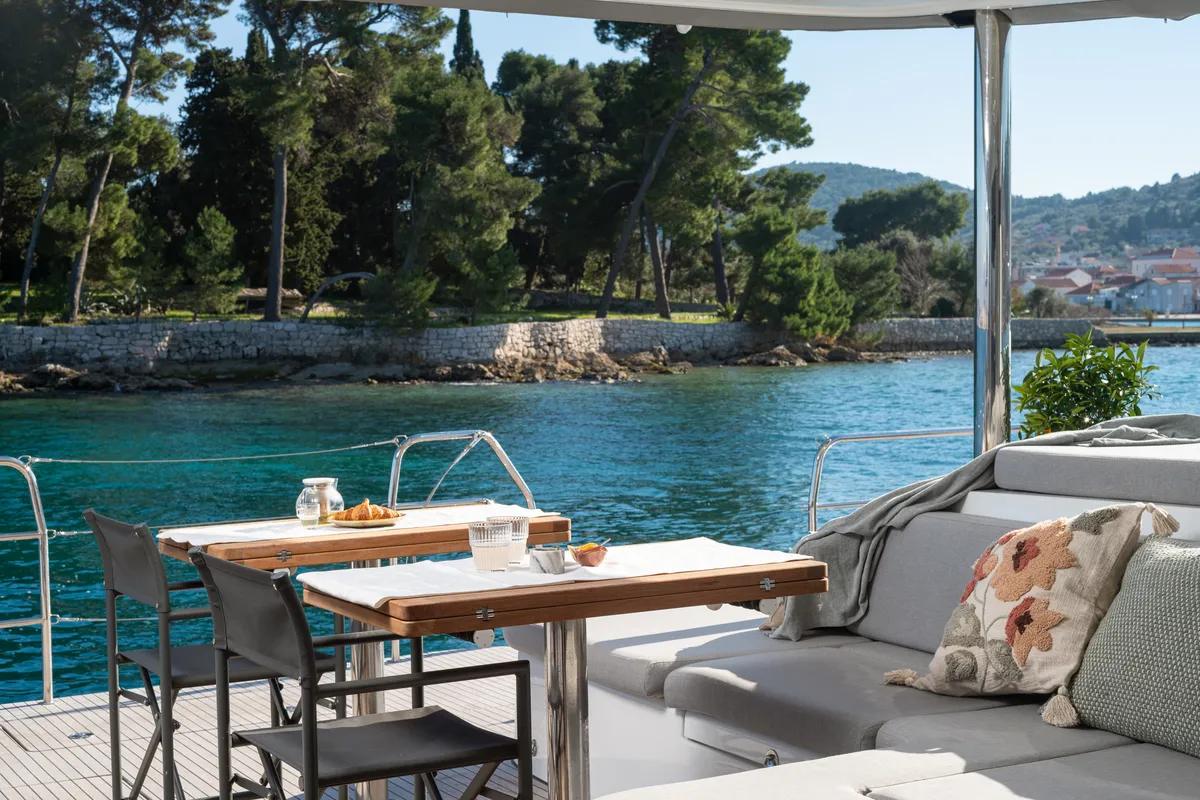 Deck of DIAMOND DIVA, a Lagoon 60 catamaran at Split, Croatia