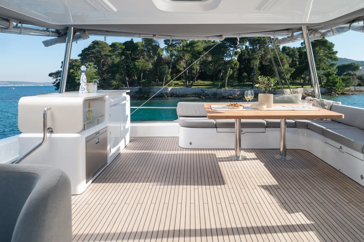Deck of DIAMOND DIVA, a Lagoon 60 catamaran at Split, Croatia