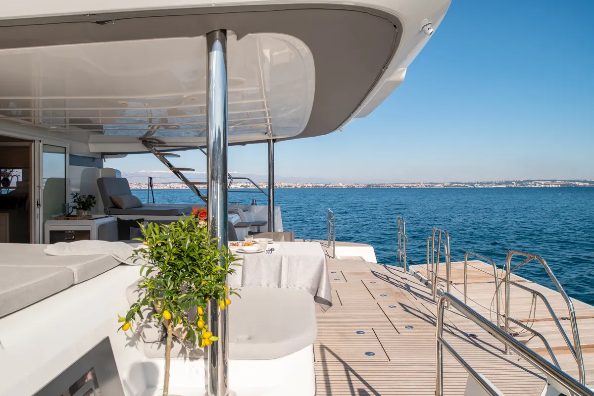 Deck of DIAMOND DIVA, a Lagoon 60 catamaran at Split, Croatia