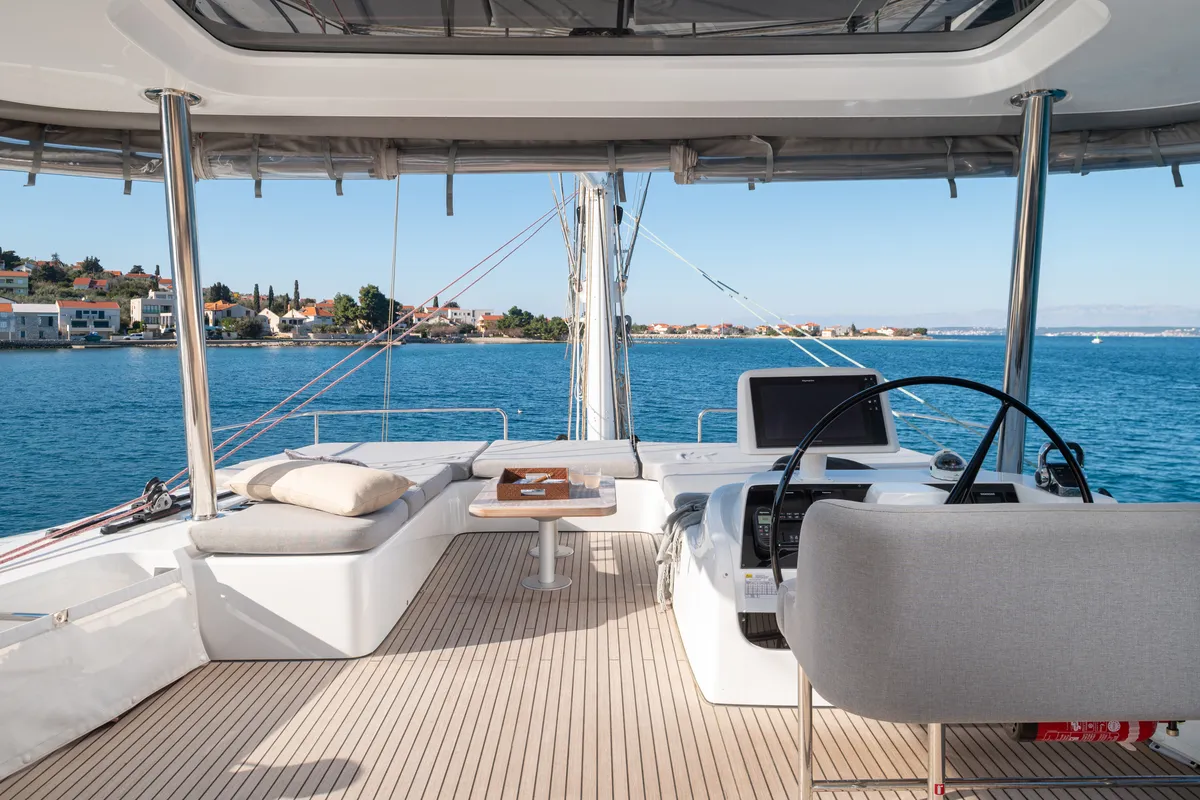 Cockpit of DIAMOND DIVA, a Lagoon 60 catamaran at Split, Croatia