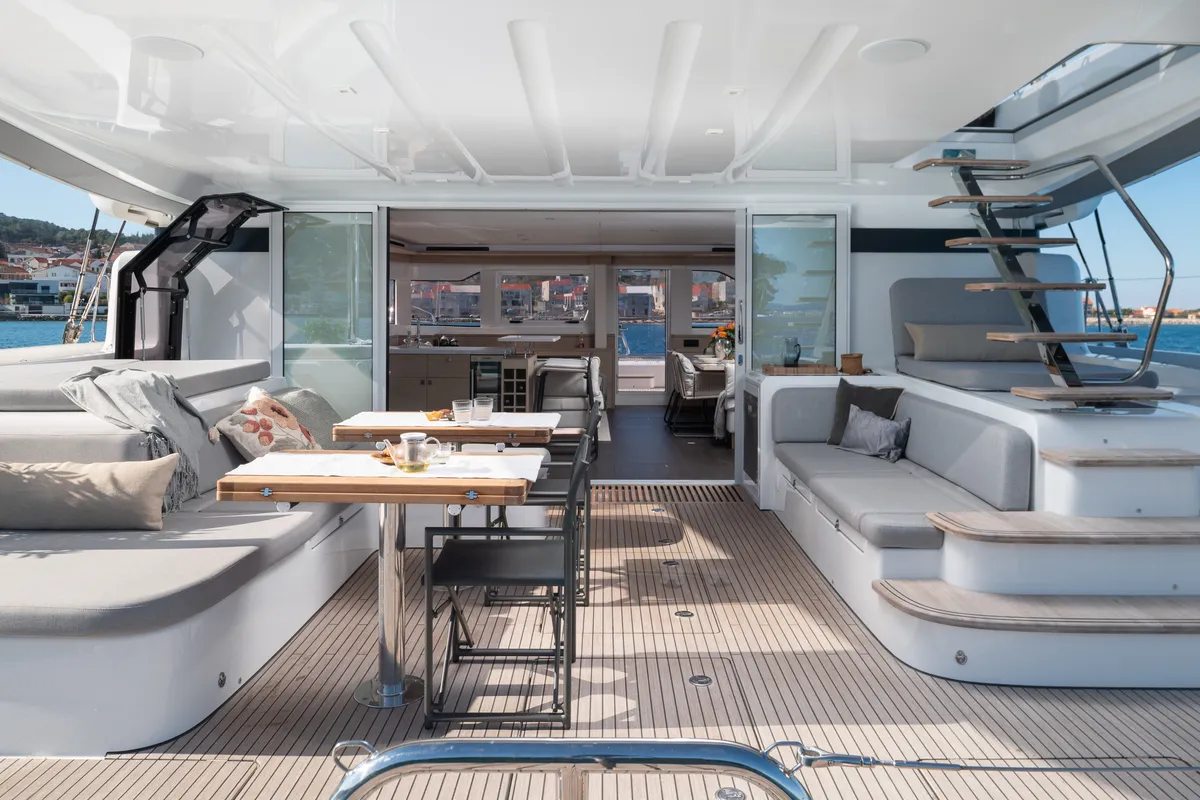 Deck of DIAMOND DIVA, a Lagoon 60 catamaran at Split, Croatia
