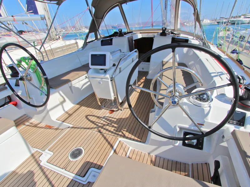 Cockpit of Gaia, a Jeanneau Sun Odyssey 449 sailboat at Lavreotiki Municipal Unit, Greece