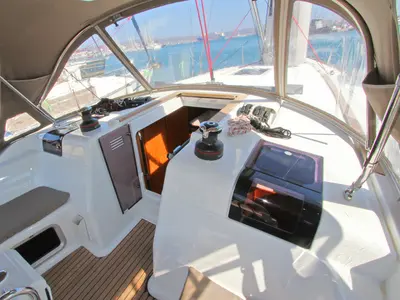Cockpit of Gaia, a Jeanneau Sun Odyssey 449 sailboat at Lavreotiki Municipal Unit, Greece