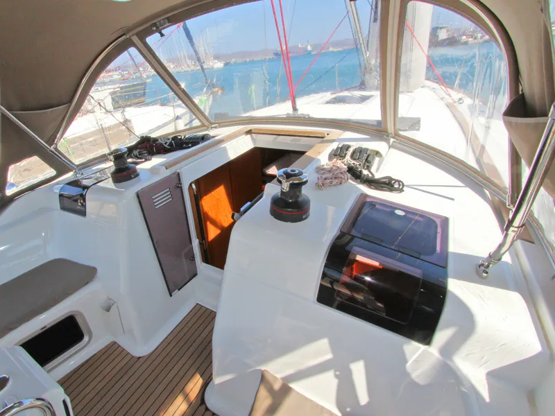 Cockpit of Gaia, a Jeanneau Sun Odyssey 449 sailboat at Lavreotiki Municipal Unit, Greece