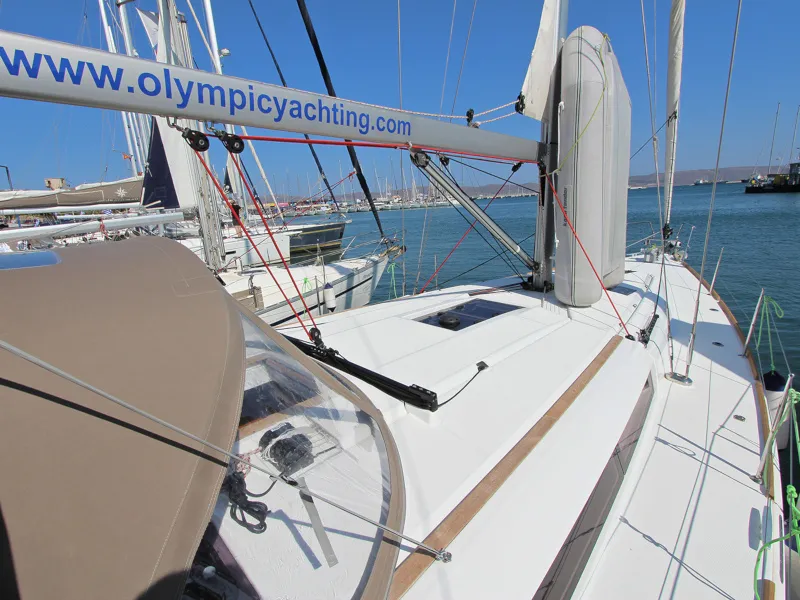 Deck of Gaia, a Jeanneau Sun Odyssey 449 sailboat at Lavreotiki Municipal Unit, Greece