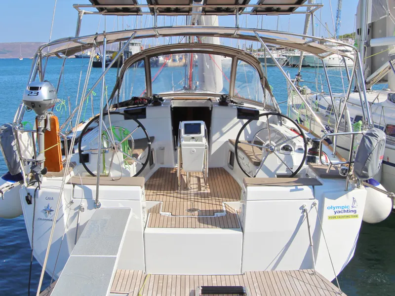 Exterior view of Gaia, a Jeanneau Sun Odyssey 449 sailboat at Lavreotiki Municipal Unit, Greece