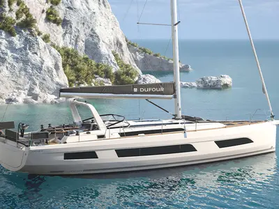 Exterior view of Violante, a Dufour 54 sailboat at Puntone di Scarlino, Italy