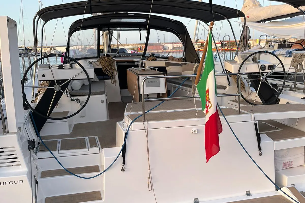 Cockpit of Sama 1, a Dufour 470 sailboat at Palermo, Italy
