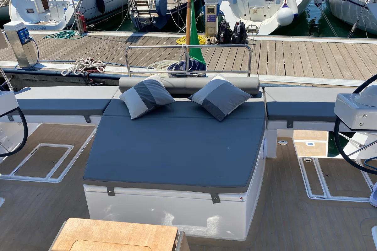 Cockpit of Sama 1, a Dufour 470 sailboat at Palermo, Italy
