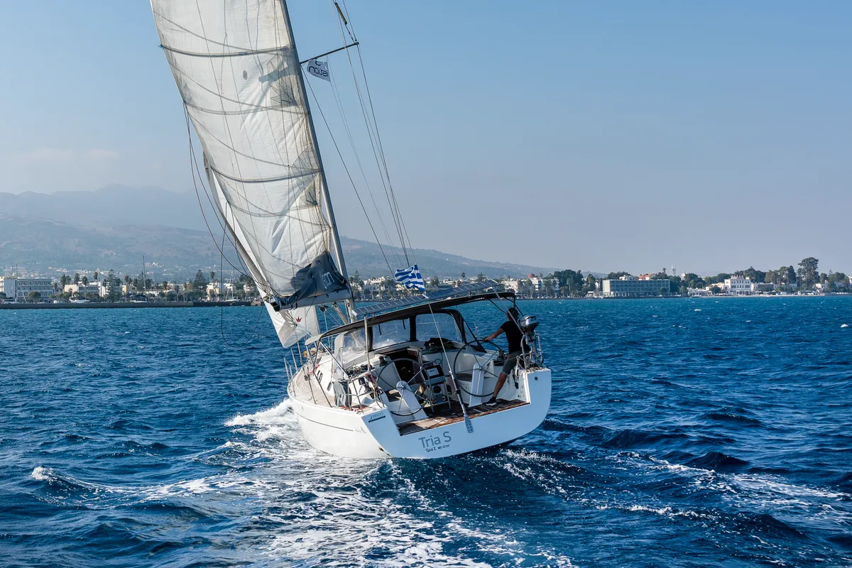 Exterior view of Tria S, a Hanse 430 sailboat at Kos, Greece