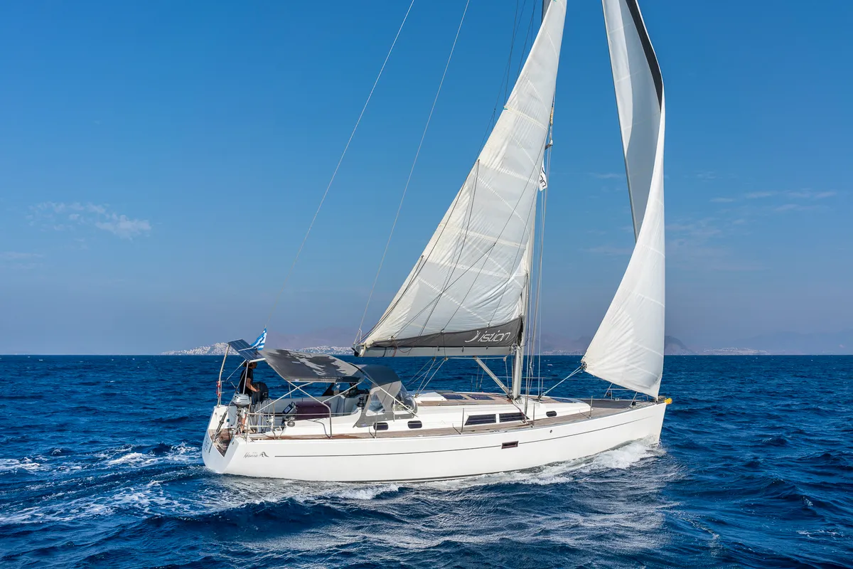 Exterior view of Tria S, a Hanse 430 sailboat at Kos, Greece