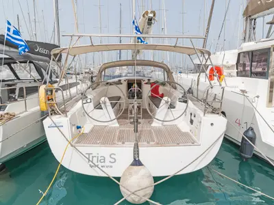Cockpit of Tria S, a Hanse 430 sailboat at Kos, Greece