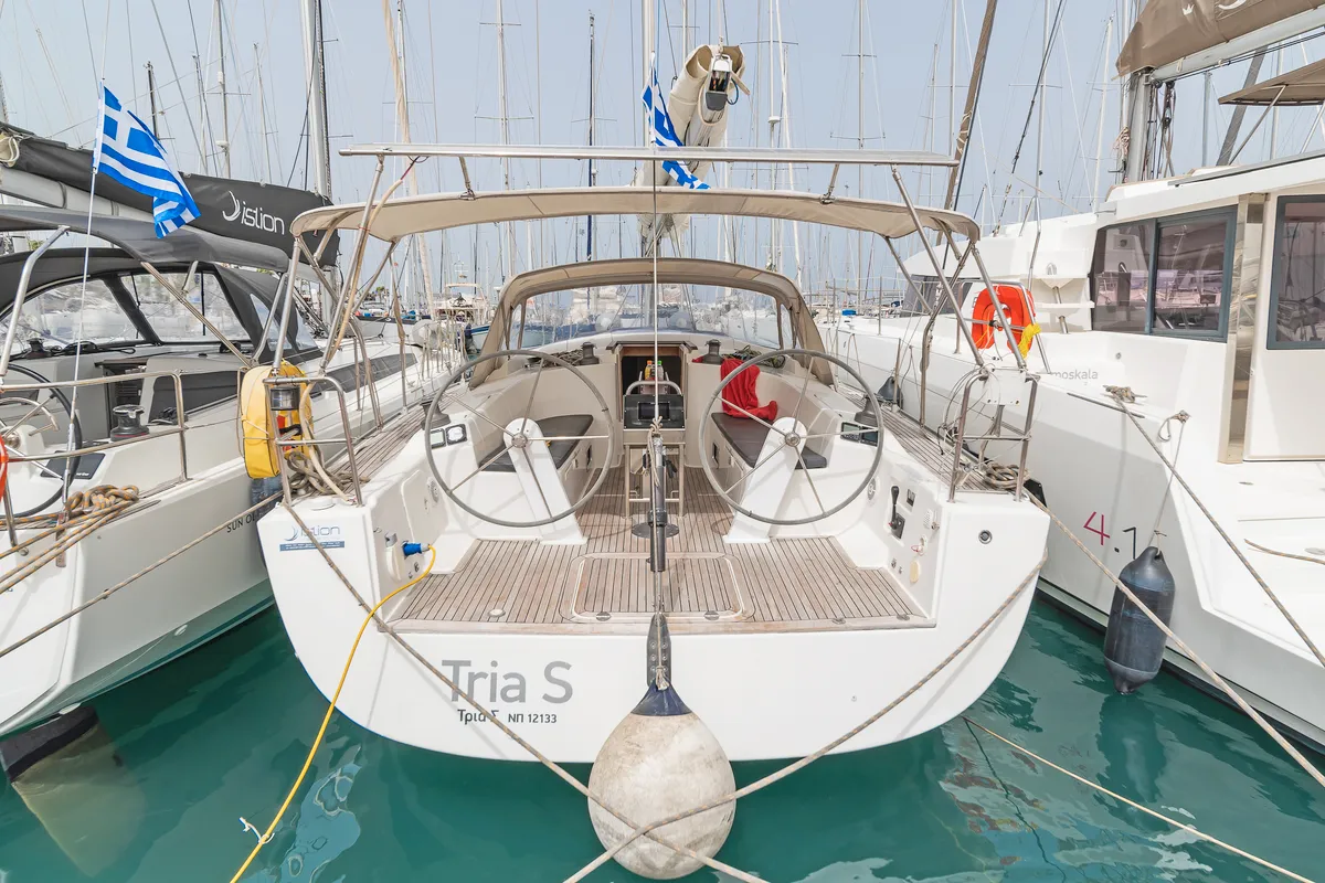 Cockpit of Tria S, a Hanse 430 sailboat at Kos, Greece