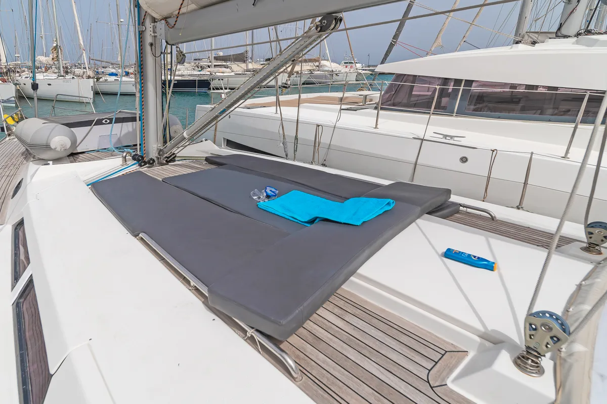 Deck of Tria S, a Hanse 430 sailboat at Kos, Greece