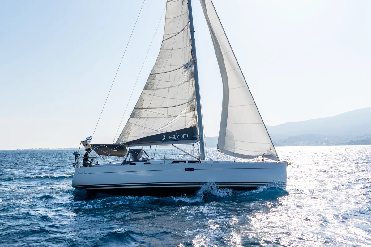 Exterior view of Tria S, a Hanse 430 sailboat at Kos, Greece