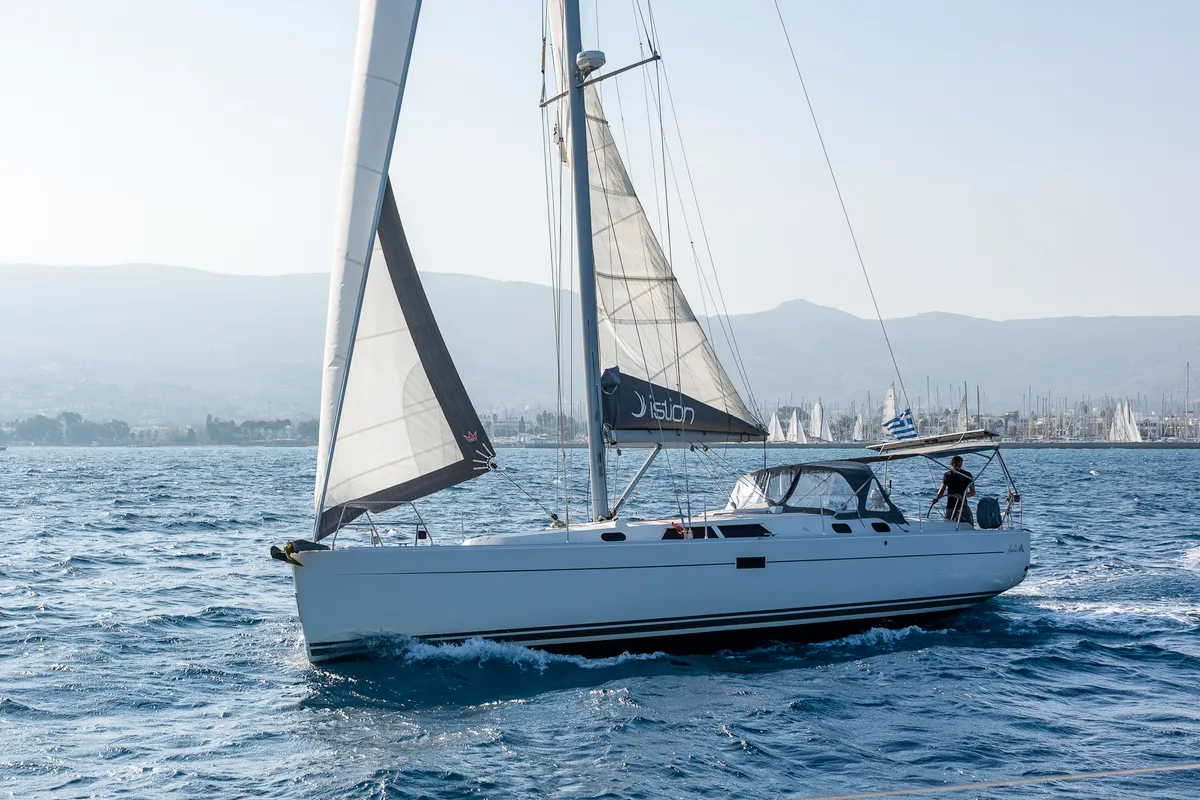 Exterior view of Tria S, a Hanse 430 sailboat at Kos, Greece