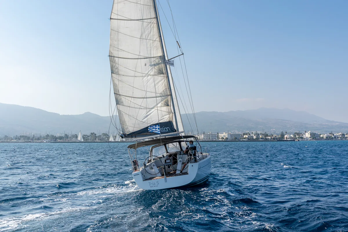 Exterior view of Tria S, a Hanse 430 sailboat at Kos, Greece
