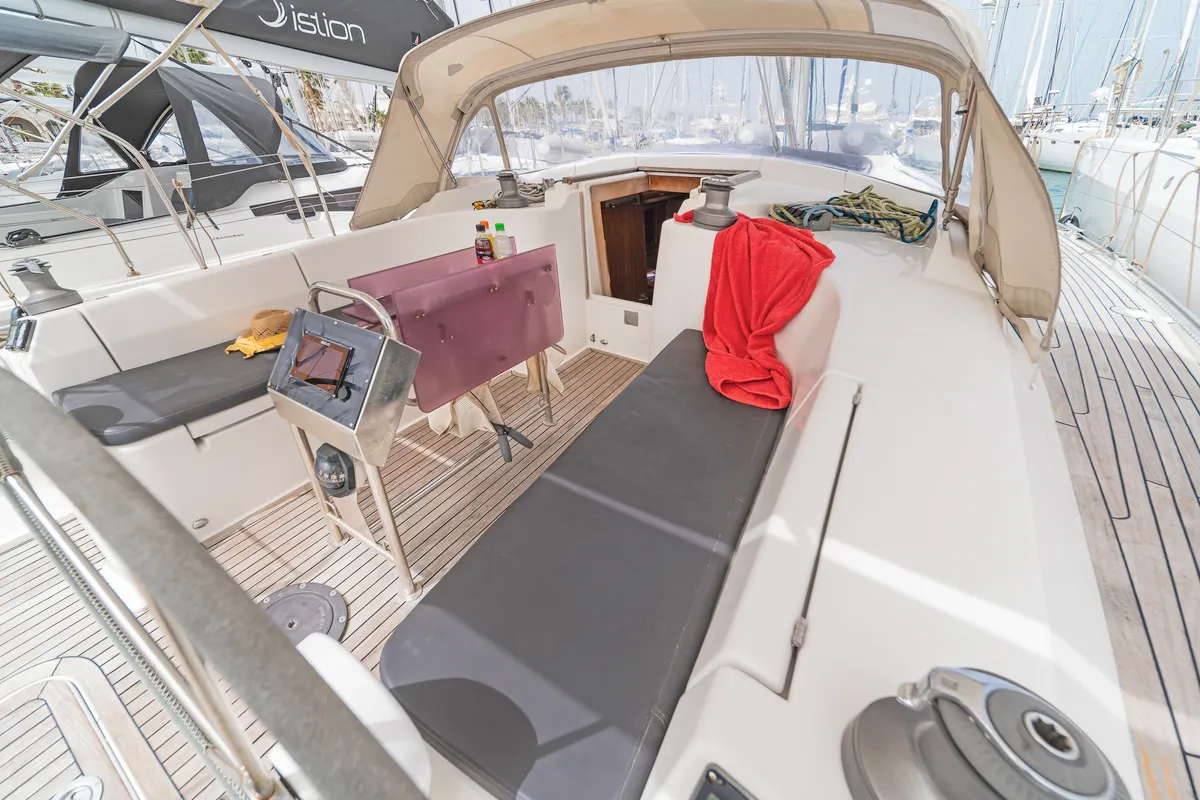 Deck of Tria S, a Hanse 430 sailboat at Kos, Greece