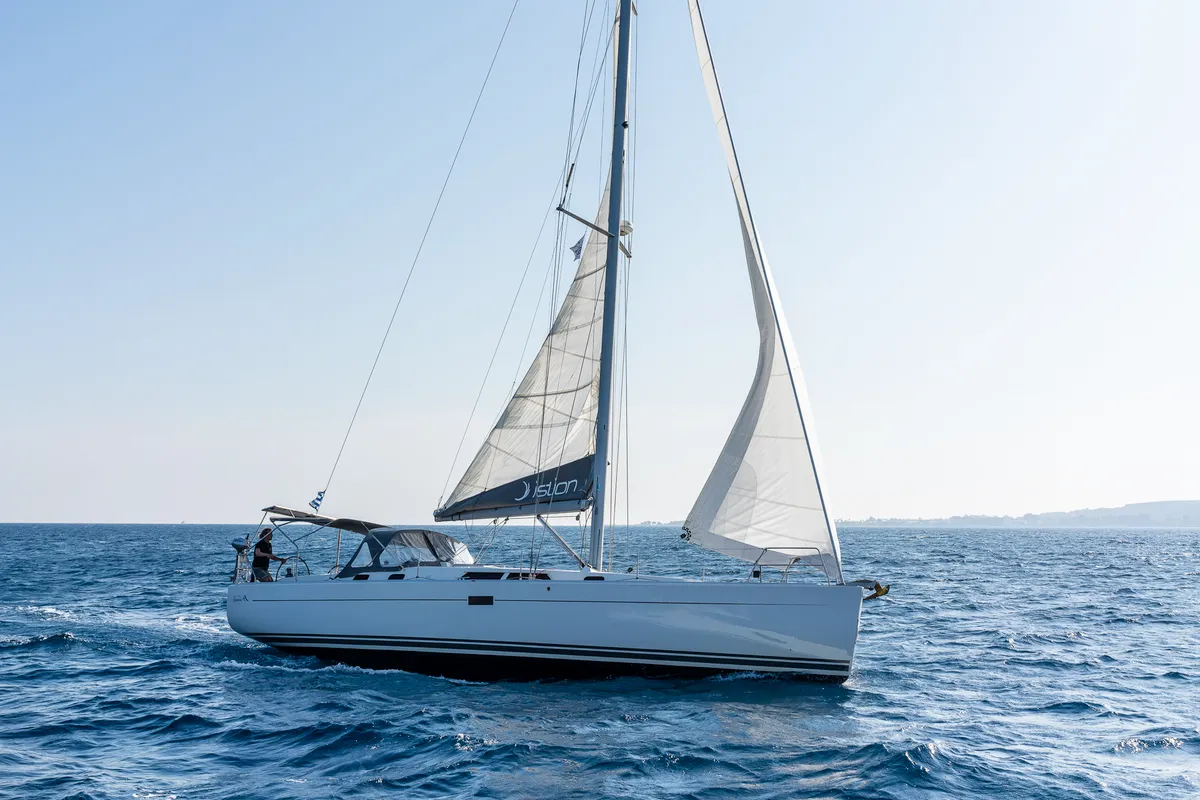 Exterior view of Tria S, a Hanse 430 sailboat at Kos, Greece