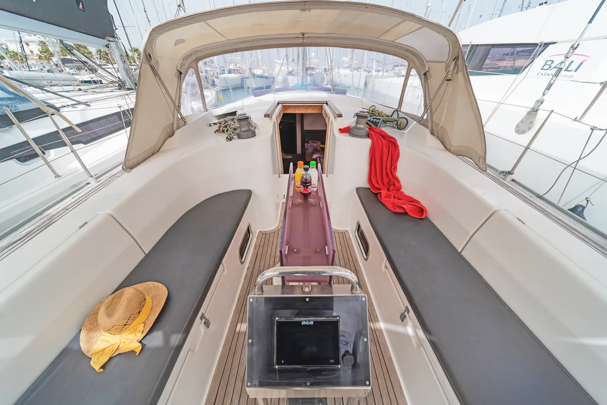 Cockpit of Tria S, a Hanse 430 sailboat at Kos, Greece