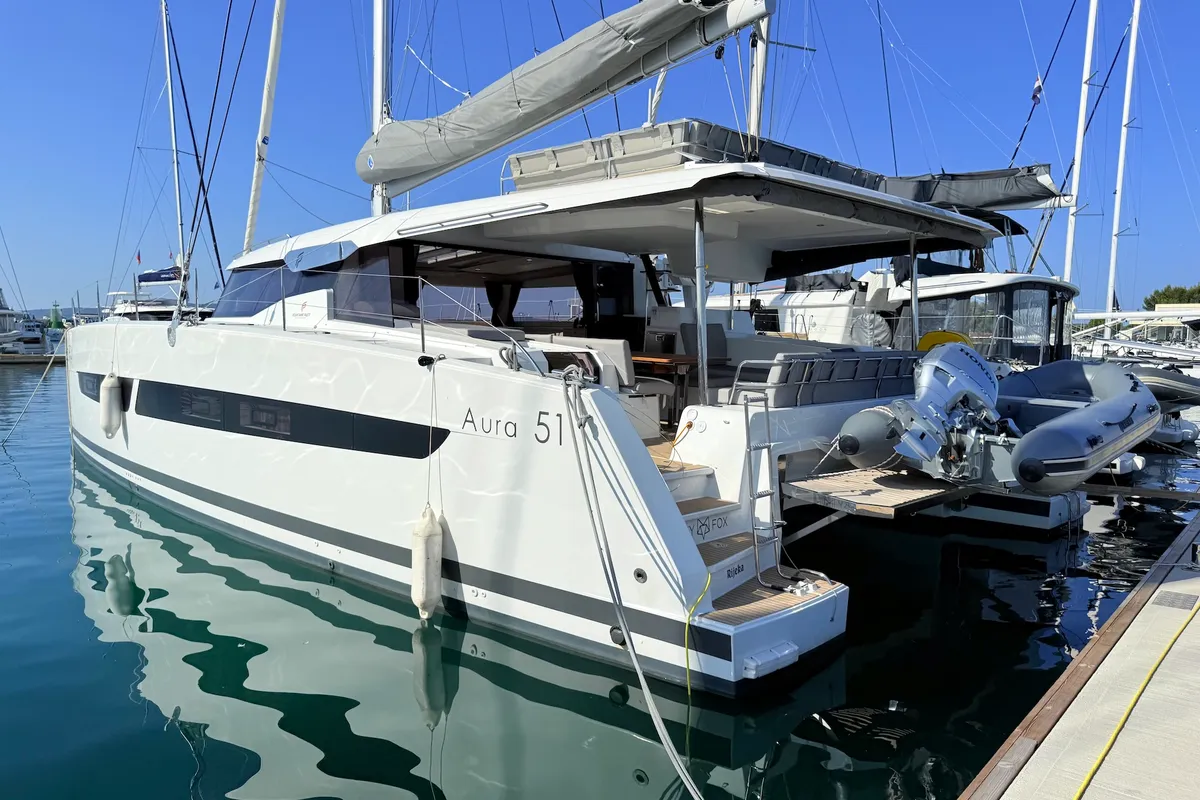 Exterior view of Lucky Fox, a Fountaine Pajot Aura 51 catamaran at Općina Sukošan, Croatia