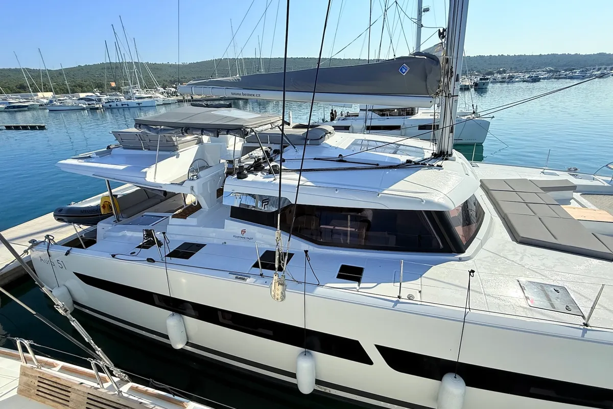 Exterior view of Lucky Fox, a Fountaine Pajot Aura 51 catamaran at Općina Sukošan, Croatia