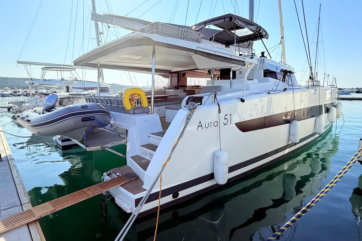 Exterior view of Lucky Fox, a Fountaine Pajot Aura 51 catamaran at Općina Sukošan, Croatia