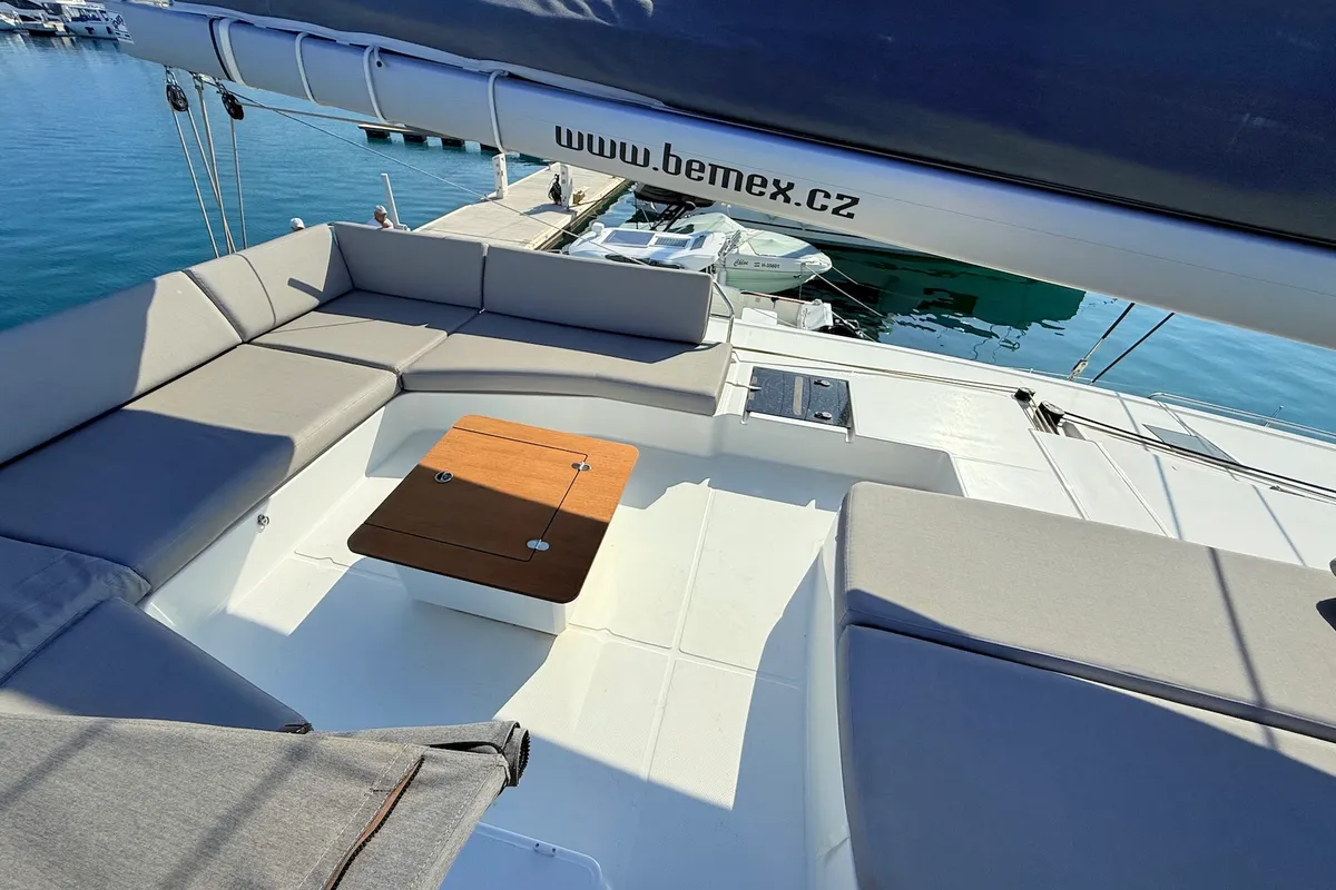 Deck of Lucky Fox, a Fountaine Pajot Aura 51 catamaran at Općina Sukošan, Croatia