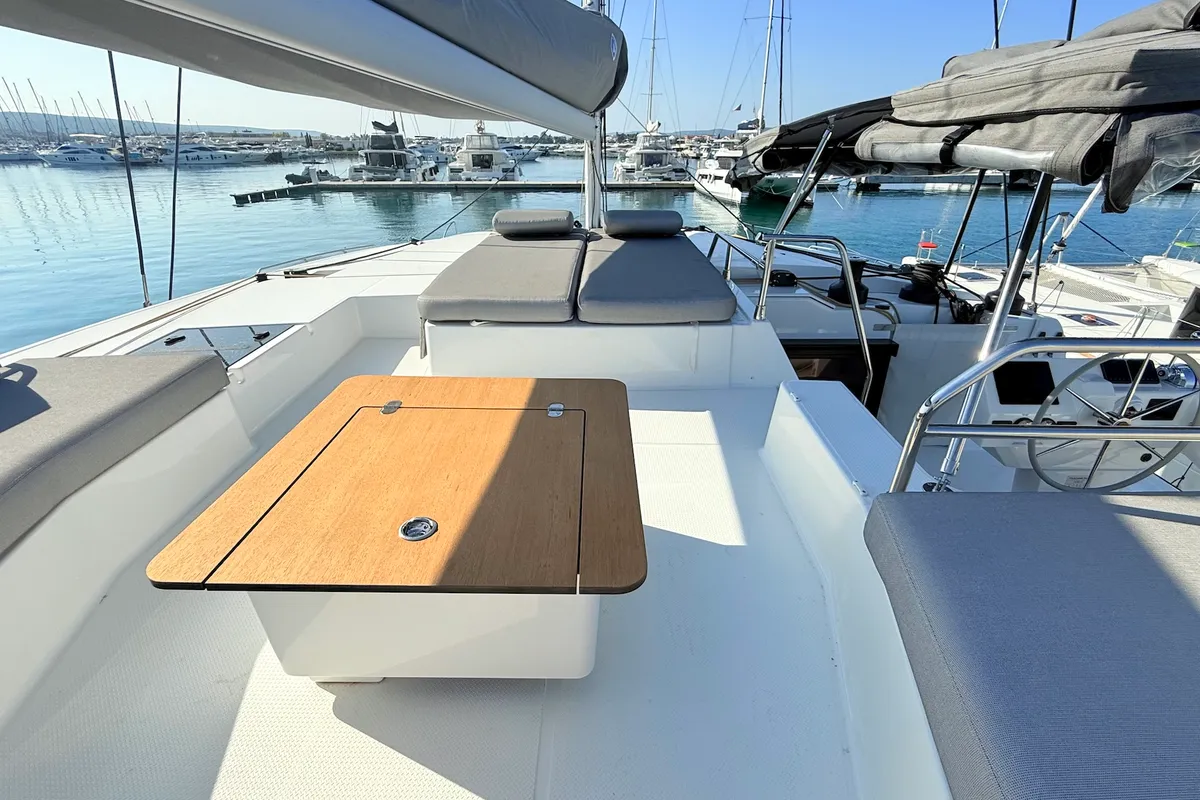 Deck of Lucky Fox, a Fountaine Pajot Aura 51 catamaran at Općina Sukošan, Croatia