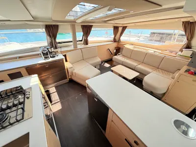 Salon of Lucky Fox, a Fountaine Pajot Aura 51 catamaran at Općina Sukošan, Croatia