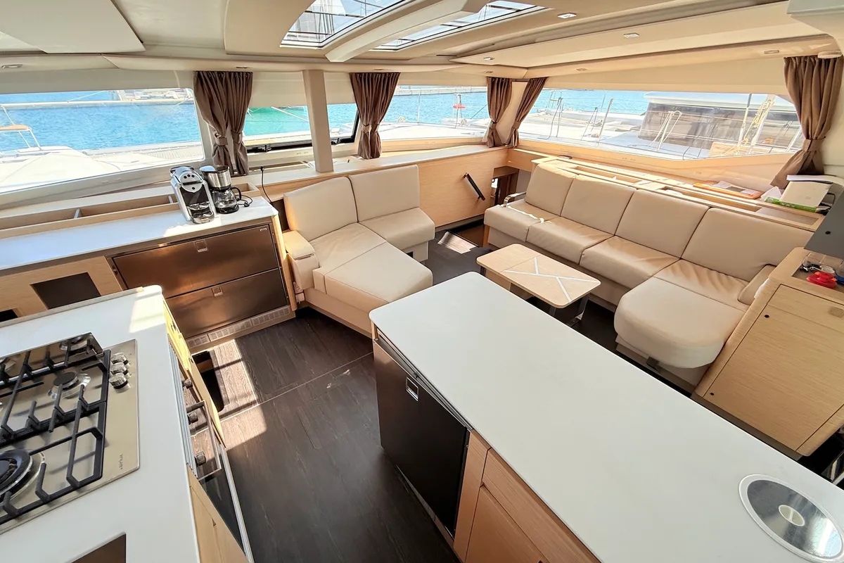 Salon of Lucky Fox, a Fountaine Pajot Aura 51 catamaran at Općina Sukošan, Croatia