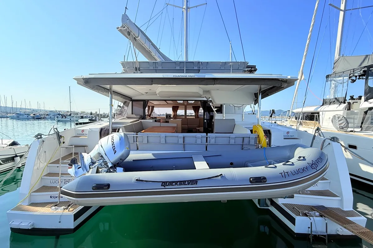Exterior view of Lucky Fox, a Fountaine Pajot Aura 51 catamaran at Općina Sukošan, Croatia