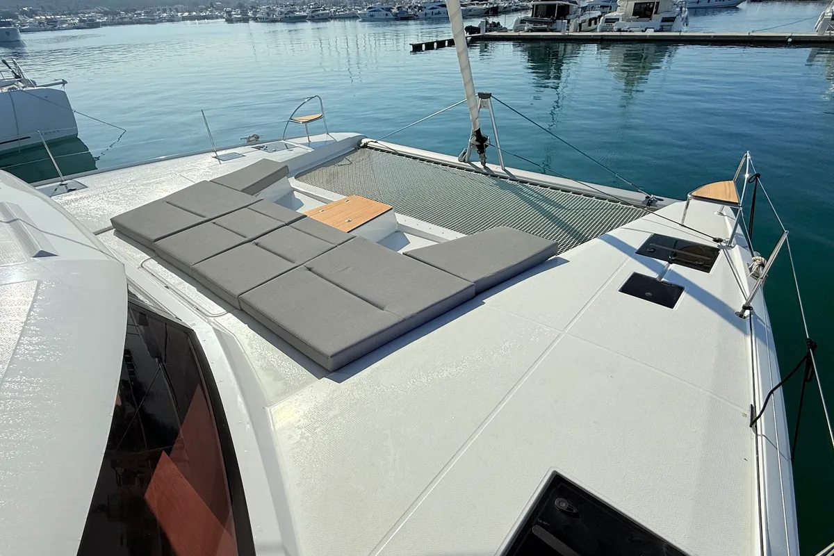 Deck of Lucky Fox, a Fountaine Pajot Aura 51 catamaran at Općina Sukošan, Croatia