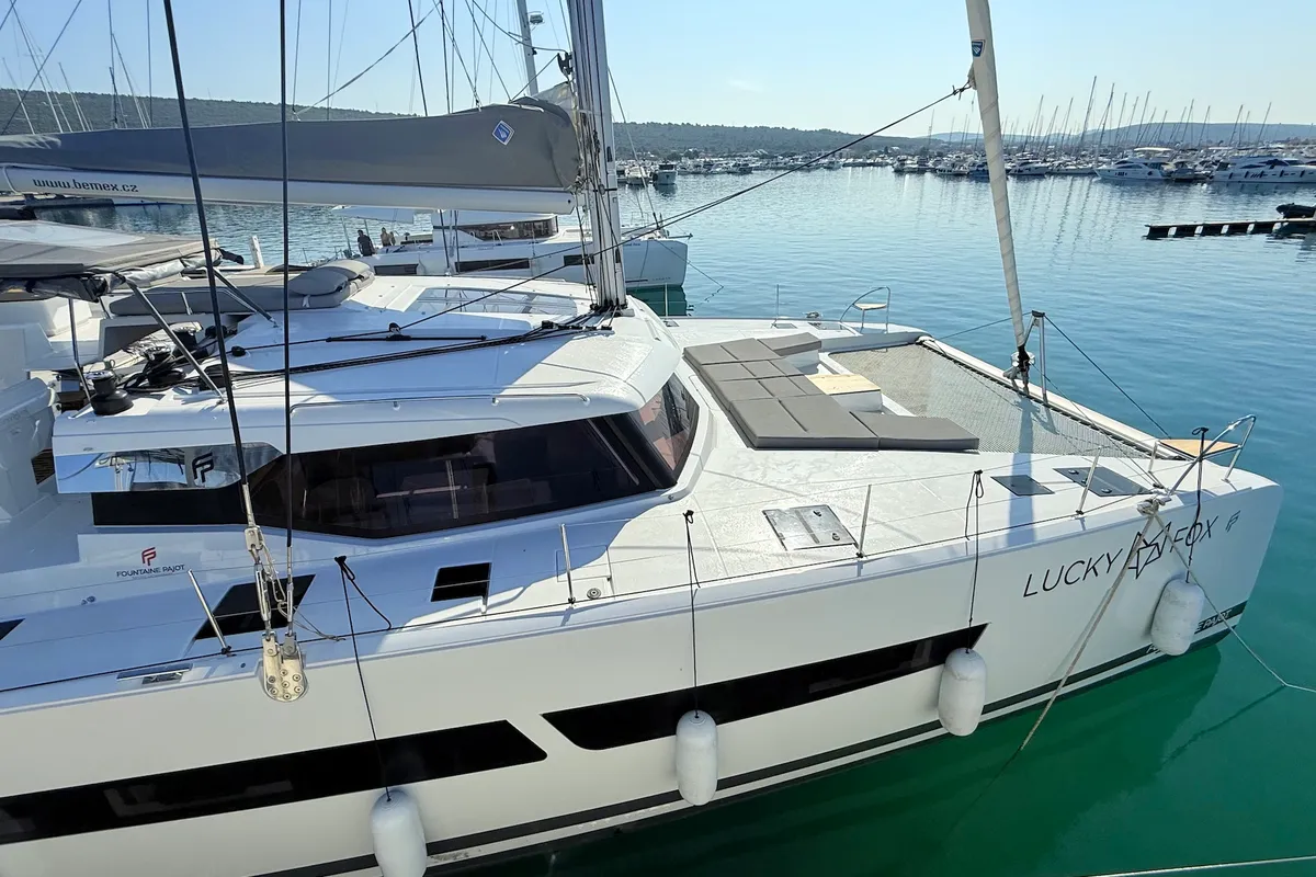 Exterior view of Lucky Fox, a Fountaine Pajot Aura 51 catamaran at Općina Sukošan, Croatia