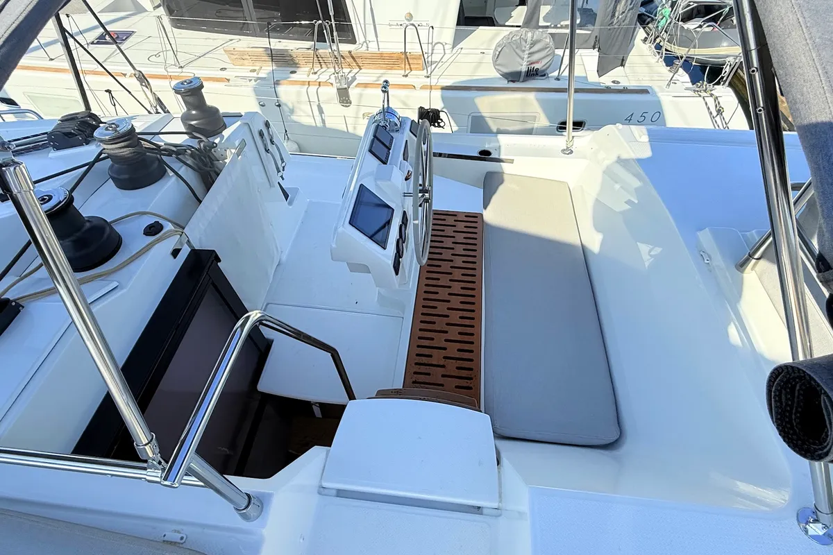 Cockpit of Lucky Fox, a Fountaine Pajot Aura 51 catamaran at Općina Sukošan, Croatia