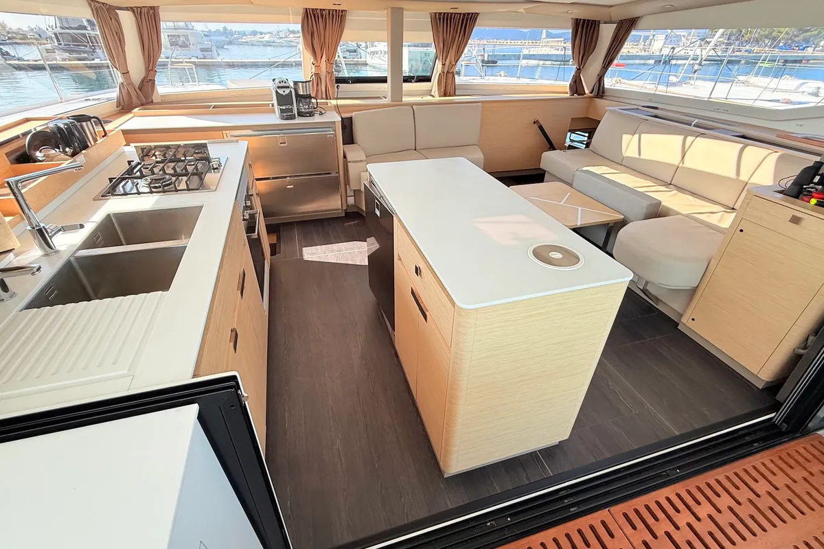 Salon of Lucky Fox, a Fountaine Pajot Aura 51 catamaran at Općina Sukošan, Croatia