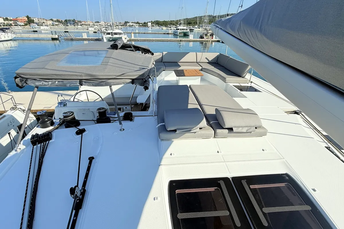 Deck of Lucky Fox, a Fountaine Pajot Aura 51 catamaran at Općina Sukošan, Croatia